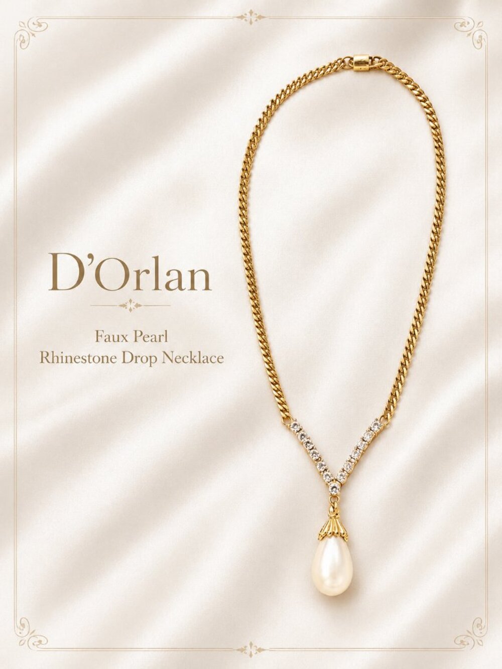 Vintage D’Orlan Faux Pearl Rhinestone Drop Necklace | Signed Gold Tone